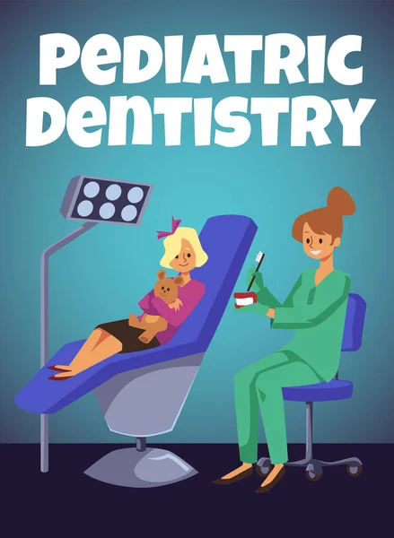 Girl Holds Teddy Bear Dentist Chair Pediatric Dentistry Poster Template —  Vetores de Stock