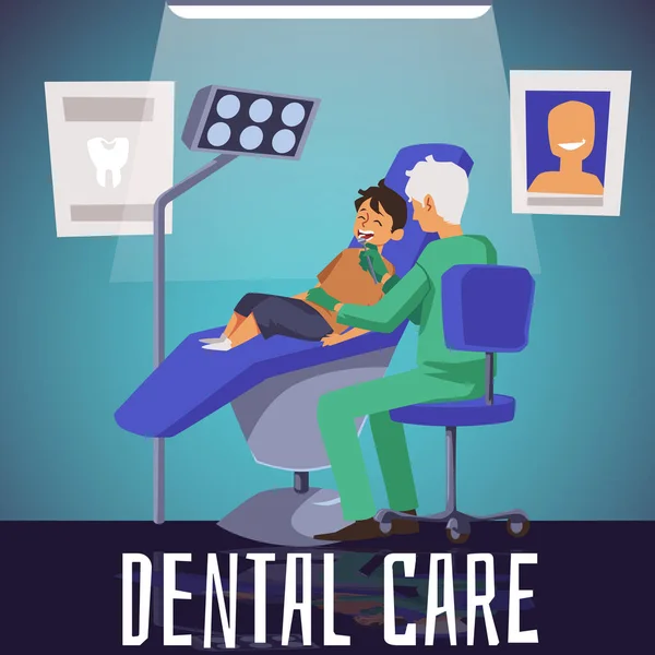 Kids Dental Care Advertising Poster Flyer Template Flat Vector Illustration —  Vetores de Stock