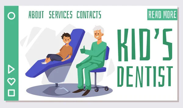 Happy Kid Patient Dentists Chair Appointment Landing Page Template Flat — Archivo Imágenes Vectoriales