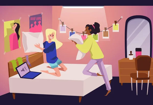Teenage Girl Playing Pillow Fight Together Bedroom Interior Flat Vector — Stockvektor