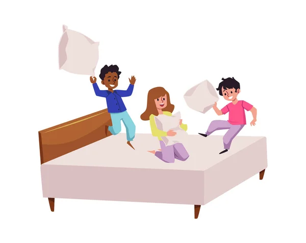 Funny Children Fighting Pillows Bed Joke Flat Vector Illustration Isolated — Stockvektor