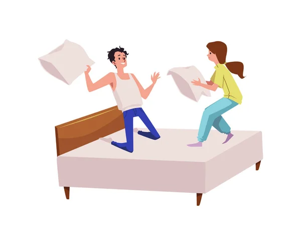Young Cheerful Couple Fighting Pillows Bed Joke Flat Vector Illustration — Vetor de Stock