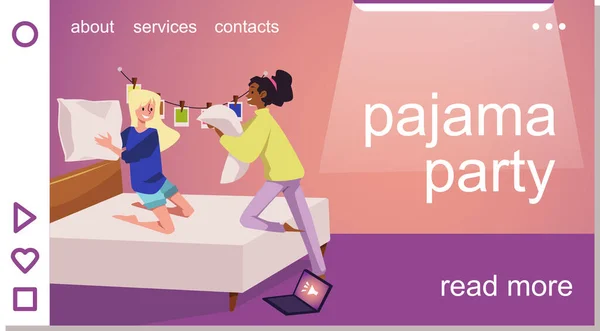 Pajama Party Website Banner Mockup Girlfriends Have Pillow Fight Flat — Archivo Imágenes Vectoriales