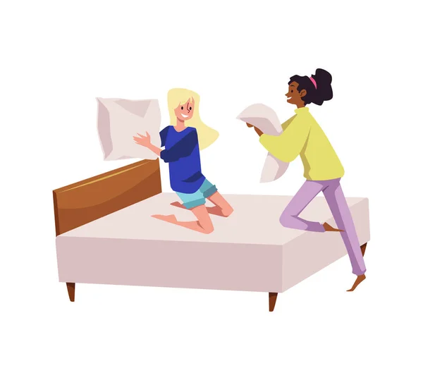 Girl Fighting Pillows Bed Flat Vector Illustration Isolated White Background — Stockvector