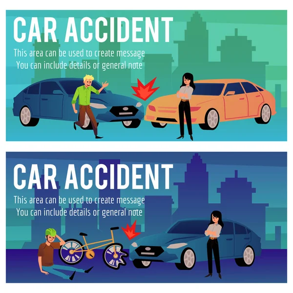 Car Accident Horizontal Banners Crushed Cars Bicycle Flat Vector Illustration — ストックベクタ