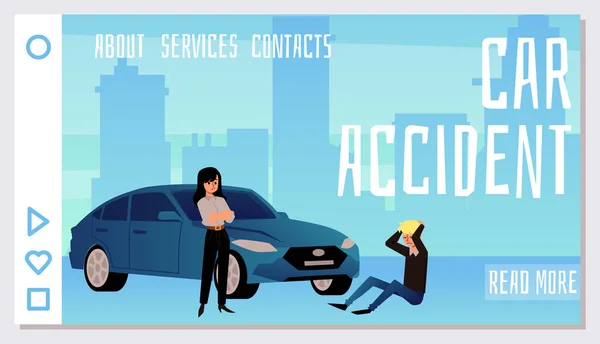 Car Accident Landing Page Template Flat Vector Illustration Female Driver — ストックベクタ