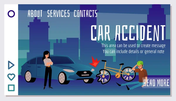 Car Accident Landing Page Car Hit Cyclist Bicycle Flat Vector — ストックベクタ