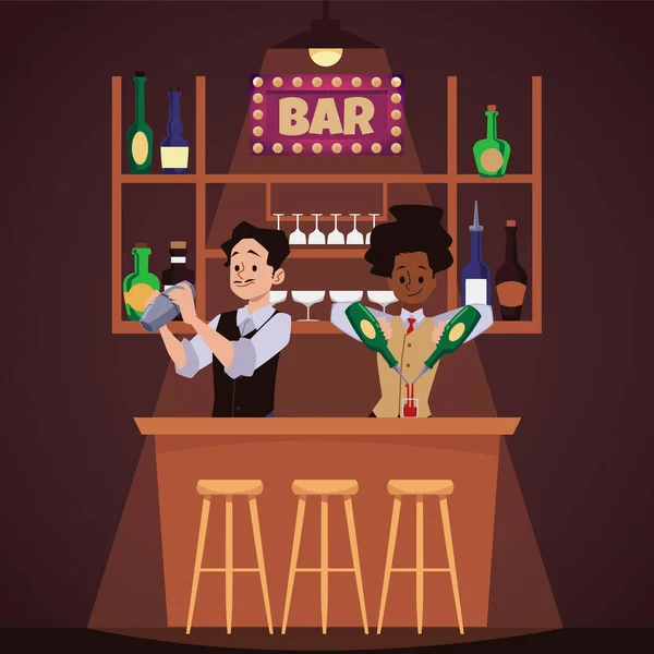 Two Bartenders Counter Bar Bartender Makes Cocktail Waitress Pours Wine — Stockvector