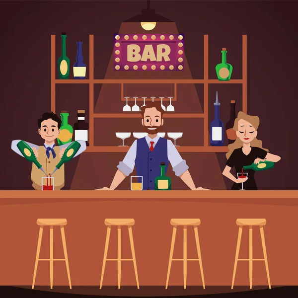 Bartenders Demonstrate Professional Skills Mixing Alcoholic Beverages Flat Vector Illustration — Stockvector