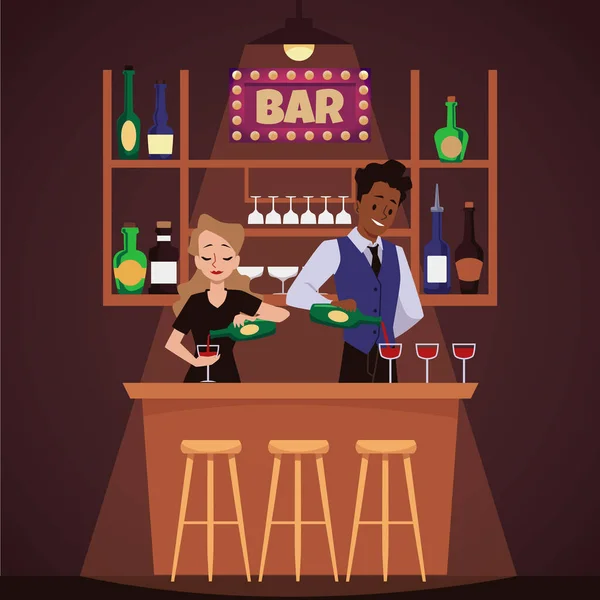 Bartender Man Woman Pouring Wine Glasses Counter Flat Vector Illustration — Vettoriale Stock