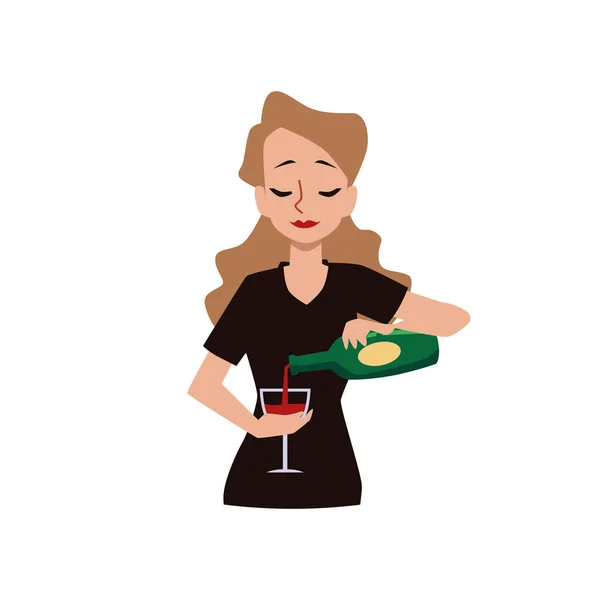 Bartender Woman Pours Wine Bottle Glass Bartender Makes Cocktail Bar — Stok Vektör