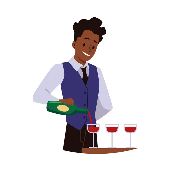 Professional Bartender Waiter Pouring Wine Glasses Flat Vector Illustration Isolated — Vetor de Stock