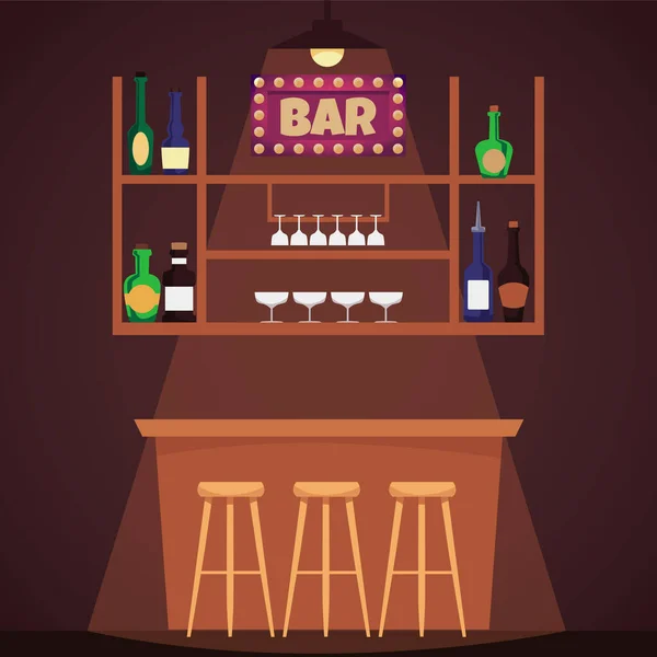 Empty Bar Counter Chairs Shelf Alcoholic Drinks Flat Vector Illustration — Stockvektor