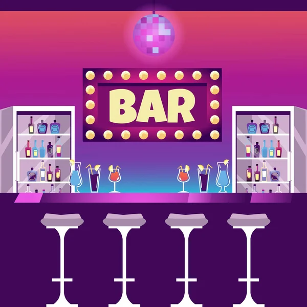 Bar Establishment Empty Interior Background Bar Counter Neon Banners Flat — Vetor de Stock