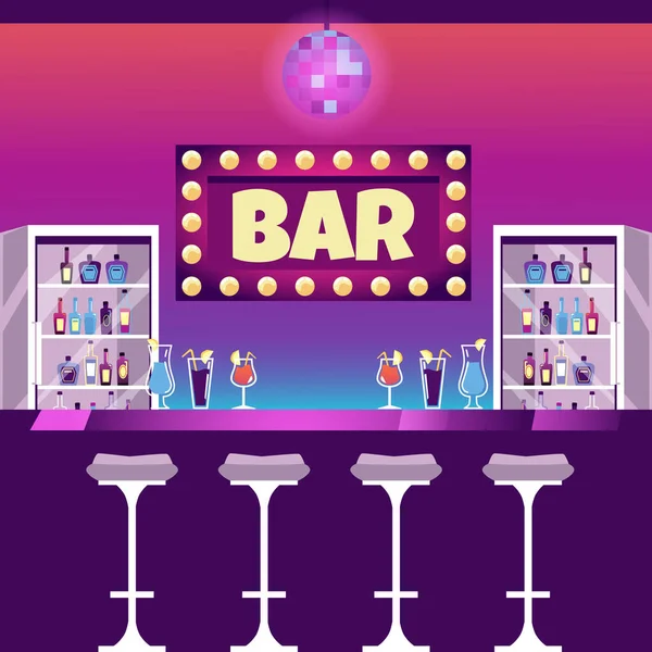 Bar Establishment Empty Interior Background Bar Counter Neon Banners Flat — 图库矢量图片