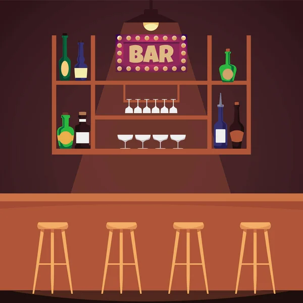 Bar Counter High Chairs Showcase Alcoholic Drinks Flat Vector Illustration — Vetor de Stock