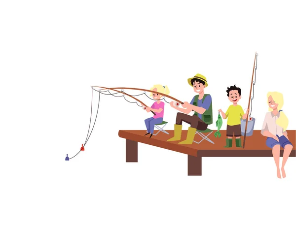 Family Fishing Wooden Footbridge Together Cartoon Flat Vector Illustration Isolated — Archivo Imágenes Vectoriales