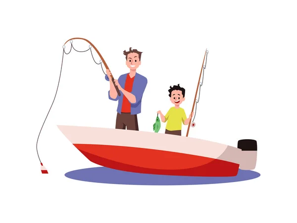 Father Son Fishing Together Rods Motor Boat Cartoon Flat Vector — Stockvektor