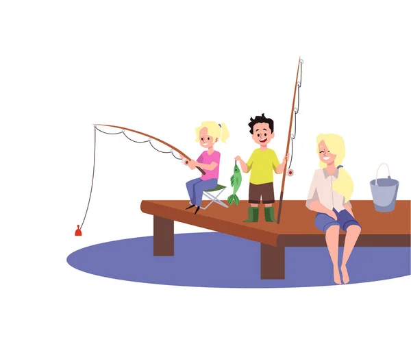 Mother Children Sitting Wooden Footbridge Fishing Together Cartoon Flat Vector — Stockvector