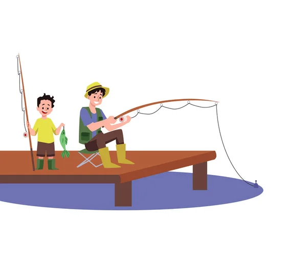 Father Kid Boy Sitting Footbridge Fishing Together Cartoon Flat Vector — Stockvector