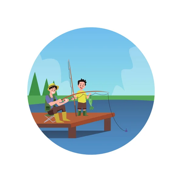 Sticker Badge Family Fishing Together Flat Cartoon Vector Illustration Isolated — Stockvector