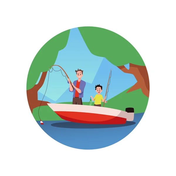 Circle Sticker Badge Father Son Fishing Together Boat Flat Vector — Stockvector