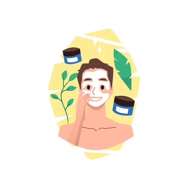 Man Applying Cosmetic Cream Mask His Face Cartoon Flat Vector — Stock Vector