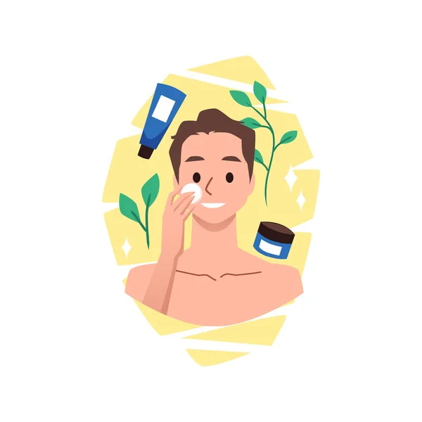 Man Cleans His Face Cosmetic Lotion Tonic Cartoon Flat Vector — Stock Vector