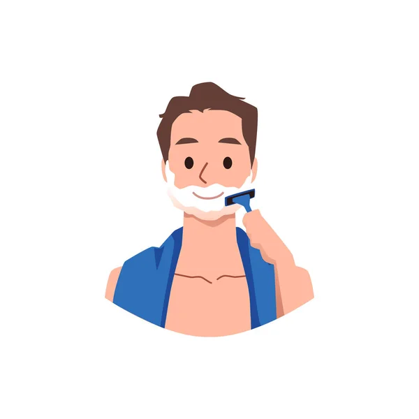 Hombre Feliz Con Espuma Afeitado Barba Con Afeitadora Ilustración Vectorial — Archivo Imágenes Vectoriales