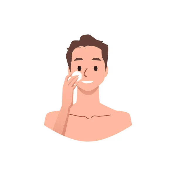 Homem Aplicando Creme Hidratante Máscara Facial Ilustração Vetorial Plana Isolada — Vetor de Stock