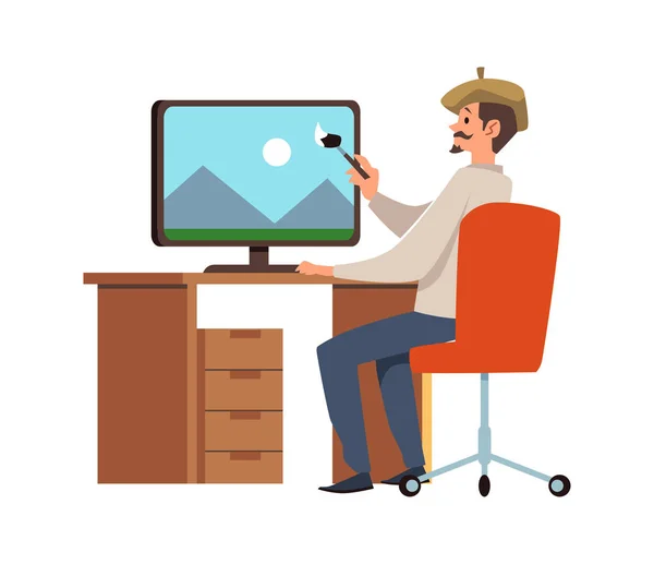 画家用画笔在显示器屏幕上绘图 在白色背景上孤立矢量插图 男人坐在电脑前 风格平平 工作场所 — 图库矢量图片