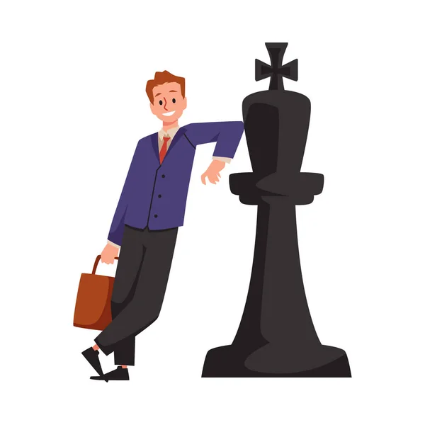 Obchodník Postava Opírá Krále Šachové Figurky Vektorové Ilustrace Izolované Bílém — Stockový vektor