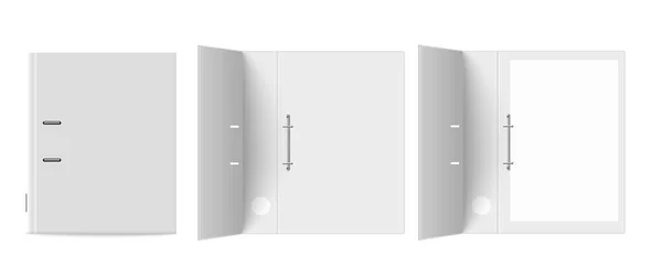 リングバインダー空 閉じて 内部の紙シートと 白い背景に隔離された現実的なモックアップベクトルイラスト 3つのリングブラインドまたはオフィスフォルダ — ストックベクタ