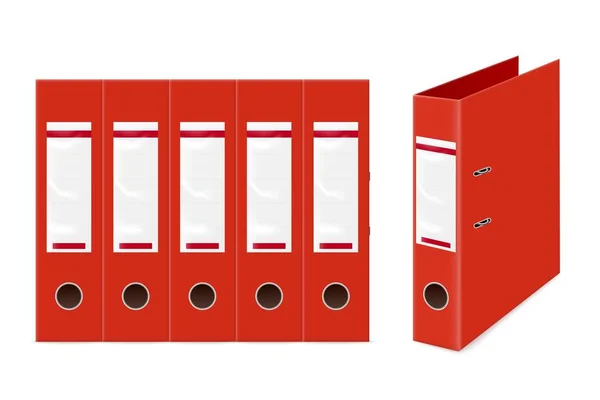 Czerwone Biurowe Segregatory Lub Foldery Zestaw Stojąc Rzędzie Jeden Realistyczny — Wektor stockowy