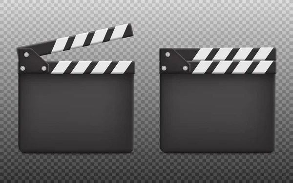 为电影拍摄打开和关闭的拍板 现实的矢量插图孤立在透明的背景下 3D制片设备 空白板材 — 图库矢量图片