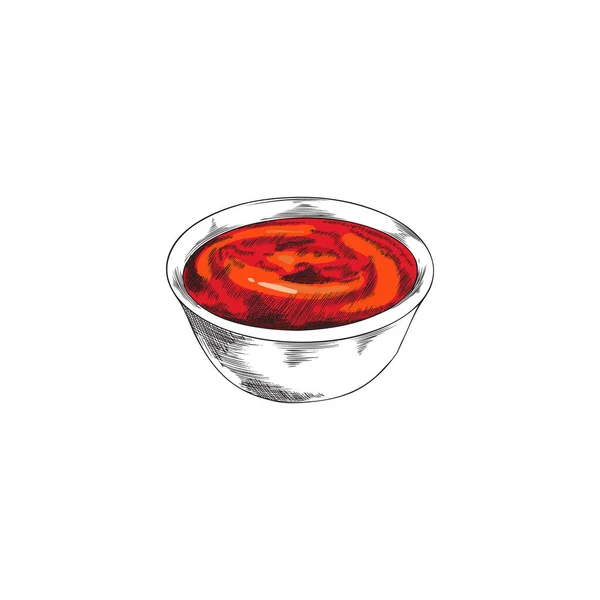 番茄酱碗或番茄酱手绘古埃及素描向量图 分离于白色背景 食品包装设计用红番茄酱彩色图像 — 图库矢量图片