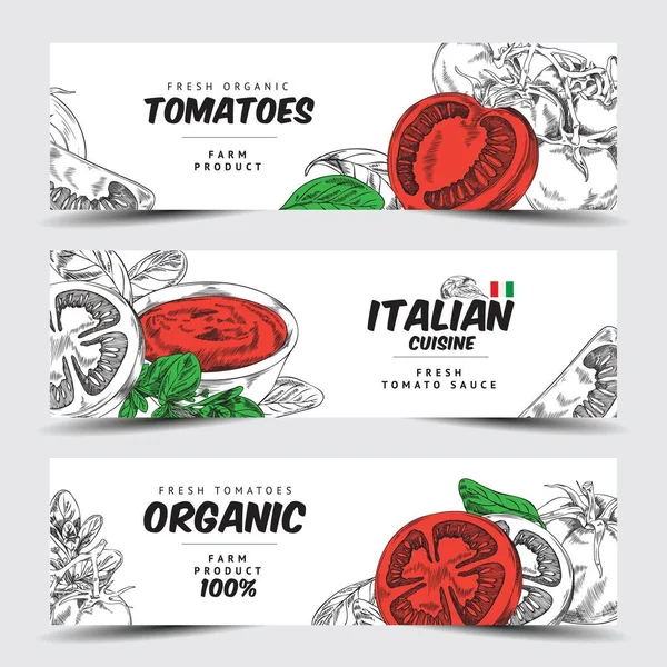 Folhetos Tomate Banners Para Promoção Cozinha Italiana Comida Vegetariana Gravados — Vetor de Stock