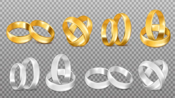 Nastavit Zlaté Stříbrné Snubní Prsteny Průhledném Pozadí Realistický Pár Zlatých — Stockový vektor