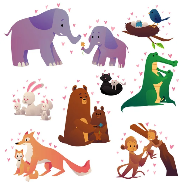 Conjunto Familias Animales Madres Hijos Ilustración Vectorial Plana Dibujos Animados — Vector de stock