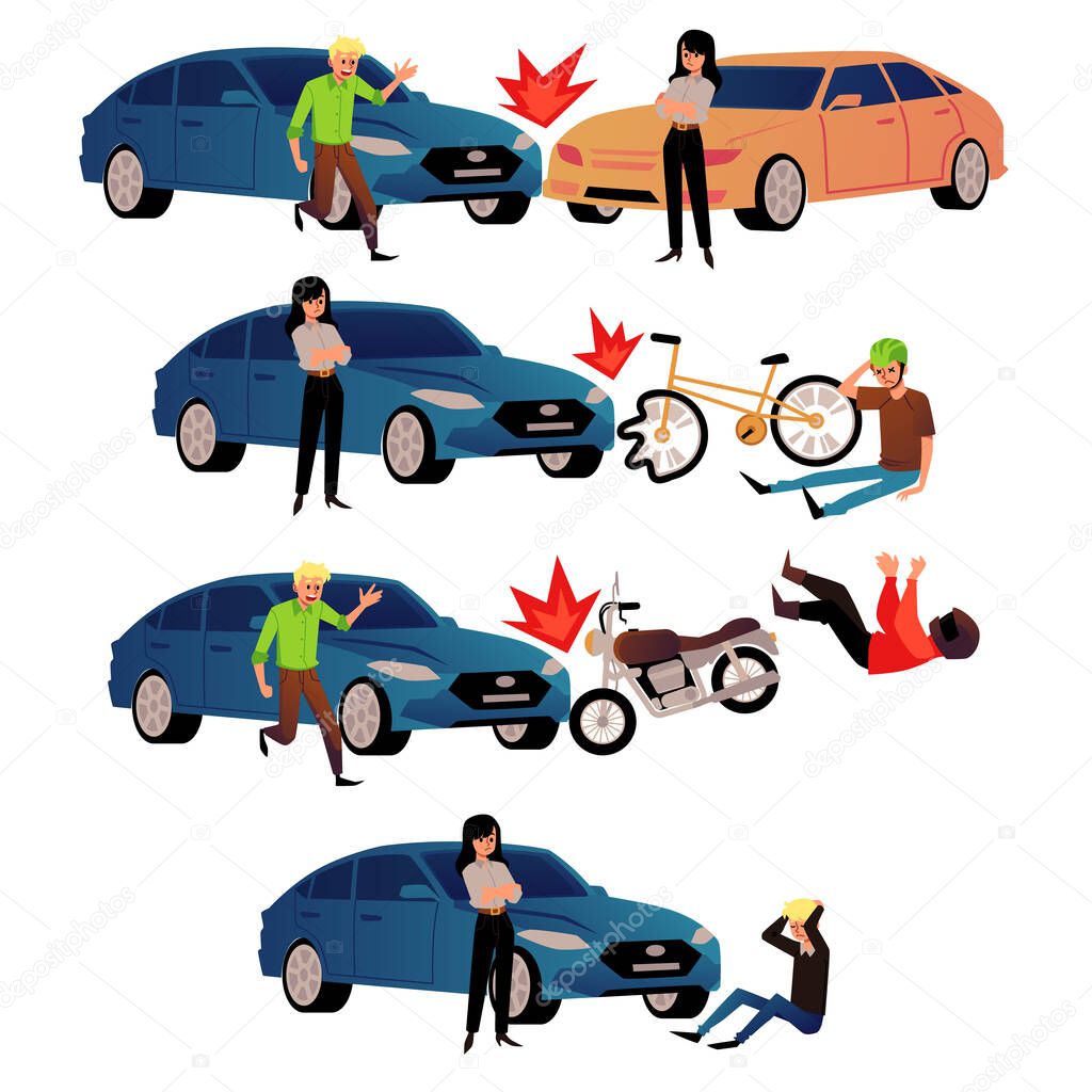Driver of car gets into an accident on white background. Set of illustrations with emergency situations on road. Pedestrian, motorcyclist, cyclist collided with car, vector flat illustration