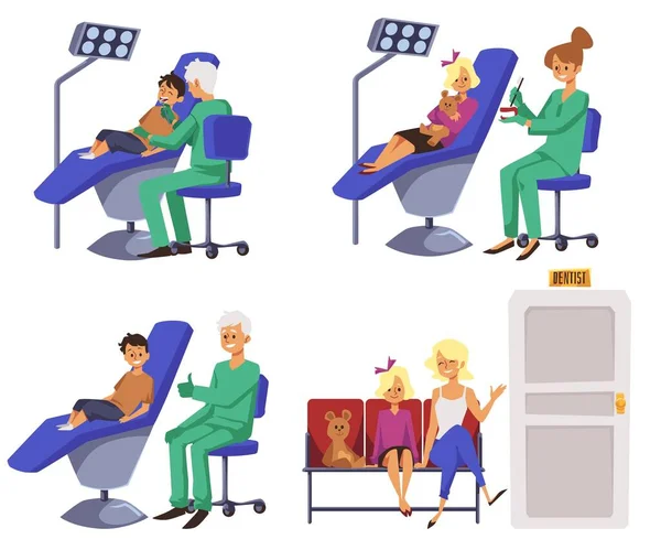 歯科医の椅子に座っている子供たち 明るく医者をチェックして治療し 白い上に隔離された平らなベクトルイラスト 歯科医院で幸せな子供たちのセット 事務所の患者と医師 — ストックベクタ