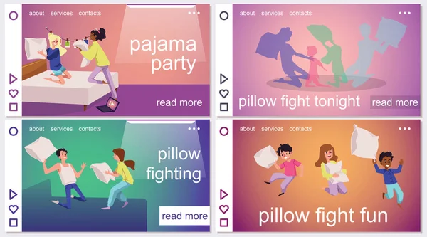 Pajama Party Pillow Fighting Fun Banners Posters Collection Website Presentation — 图库矢量图片