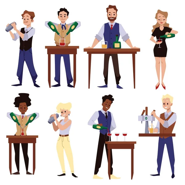 Bartenders Profissionais Preparando Cocktails Shakes Set Ilustração Vetorial Cartoon Plana —  Vetores de Stock
