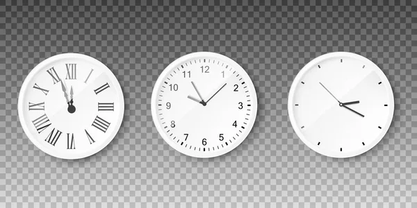 ホワイトダイヤルとラウンドウォールクロック 透明な背景に隔離された現実的な3Dベクトルイラスト ローマ数字とアラビア数字のオフィスクロックのセット 時間の概念 — ストックベクタ