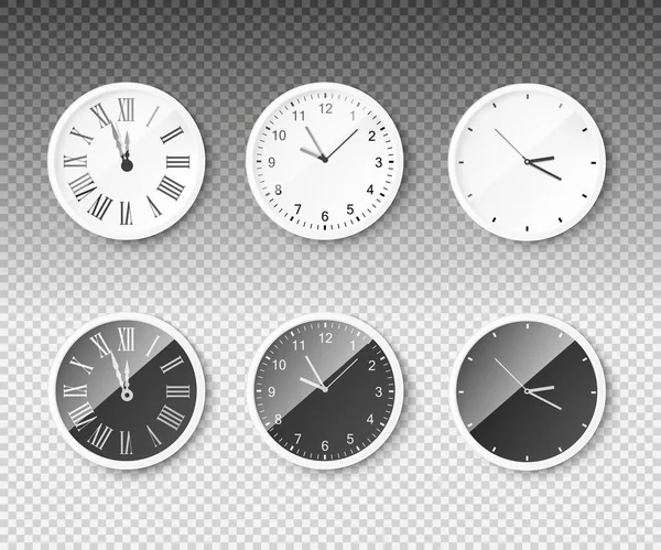 ラウンドウォールクロックは 透明背景に隔離された黒と白 現実的なベクトルイラストでモックアップをダイヤルします 時計の顔の時間の異なる部門 — ストックベクタ
