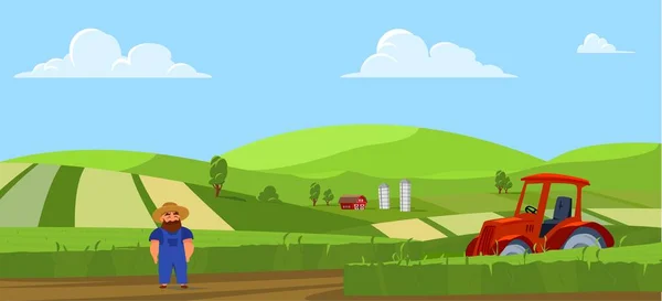 Fundo Paisagem Agrícola Com Agricultor Campo Ilustração Vetorial Plana Agricultura —  Vetores de Stock