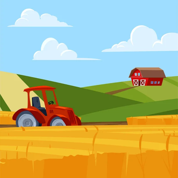 色彩斑斓的农田景观平面风格 矢量图解 红色拖拉机耕地 山上农舍 农村和农业 — 图库矢量图片