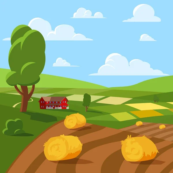 Φωτεινό Πολύχρωμο Αγροτικό Τοπίο Του Αγροκτήματος Επίπεδο Στυλ Διανυσματική Απεικόνιση — Διανυσματικό Αρχείο