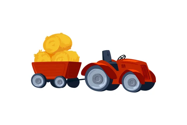Traktor Dengan Trailer Berisi Gulungan Jerami Ilustrasi Vektor Datar Diisolasi - Stok Vektor