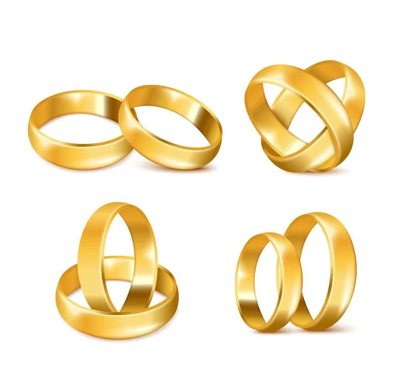 Gold Wedding Rings Connected Differently Realistic Vector Illustration Isolated White — Stock Vector